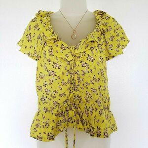 Planet Gold Blouse Yellow Ditsy Floral Womens Size XL Cottagecore Ruffle Peplum